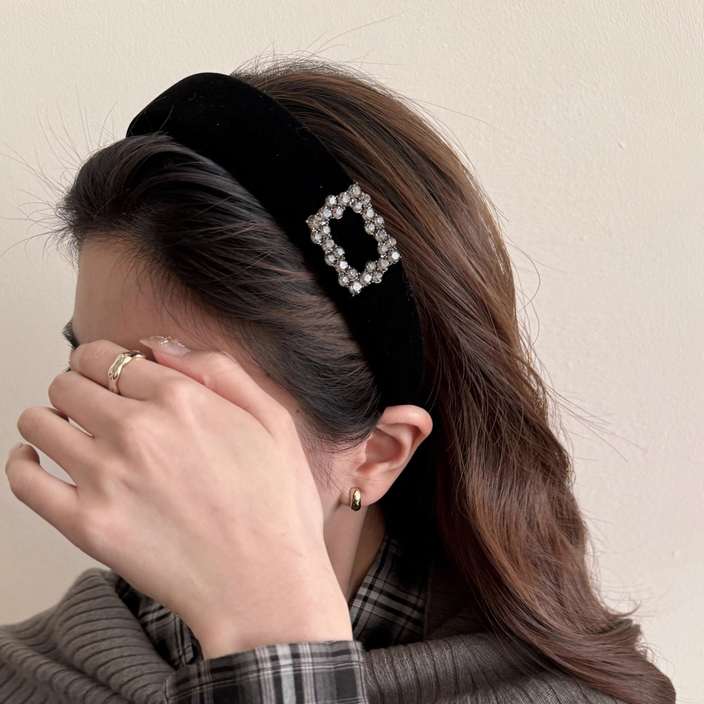 Korean Style Fashionable Diamond Velvet Headband for Women in Autumn and Winter, Daily Wear, High Skull Headband, Elegant Hairpin Hair Accessories