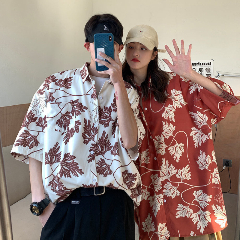 Summer Short-Sleeved Floral Shirts for Men and Women, Hawaiian Retro Hong Kong Style Design, Loose Ice Silk Shirts for Couples