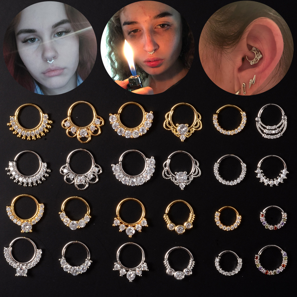 Cross-Border Hot-Selling European and American Zircon Copper Nose Rings, Stainless Steel Colorfulful Zircon Earrings, Ear Bone Rings, Body Piercing Earrings