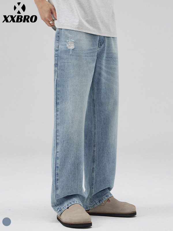 Muxi Clothing # Spring and Summer Trendy Light Blue Washed Versatile Straight-Leg Pants for Men, Height-Enhancing Loose Ripped Jeans.