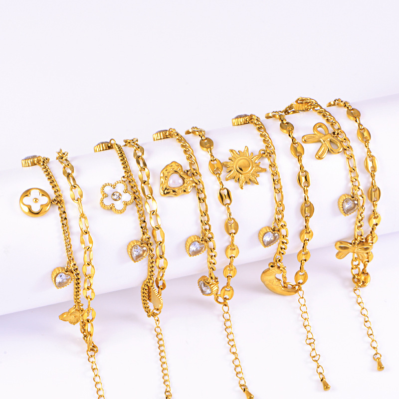 Neutral Wind Cross-border Titanium Steel Bracelet Bow Star Moon Love Diamond Double Layer Stacked Pig Nose Japanese Character Bracelet for Women