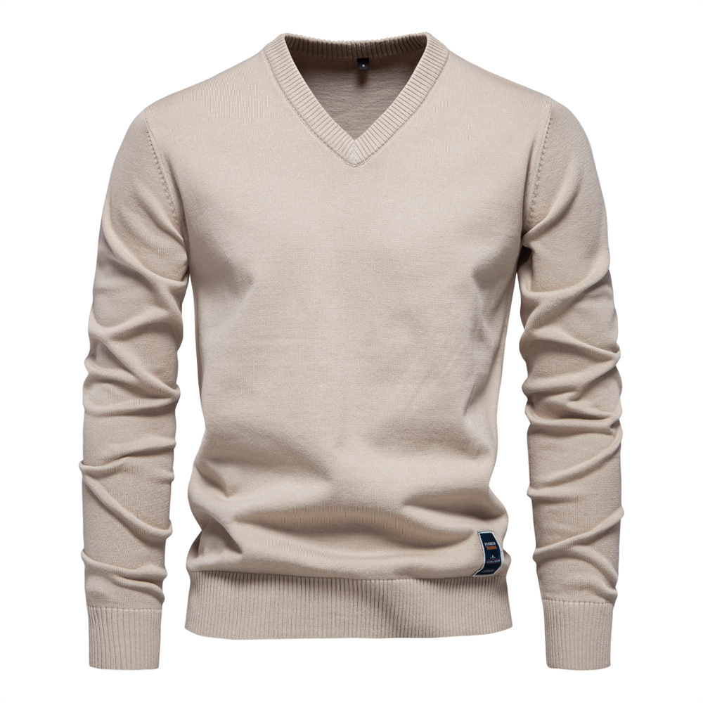 2024 Autumn and Winter New Cotton Cross-border Trade Solid Color Sweater V-Neck Trendy Men's Sweater Men's Sweater
