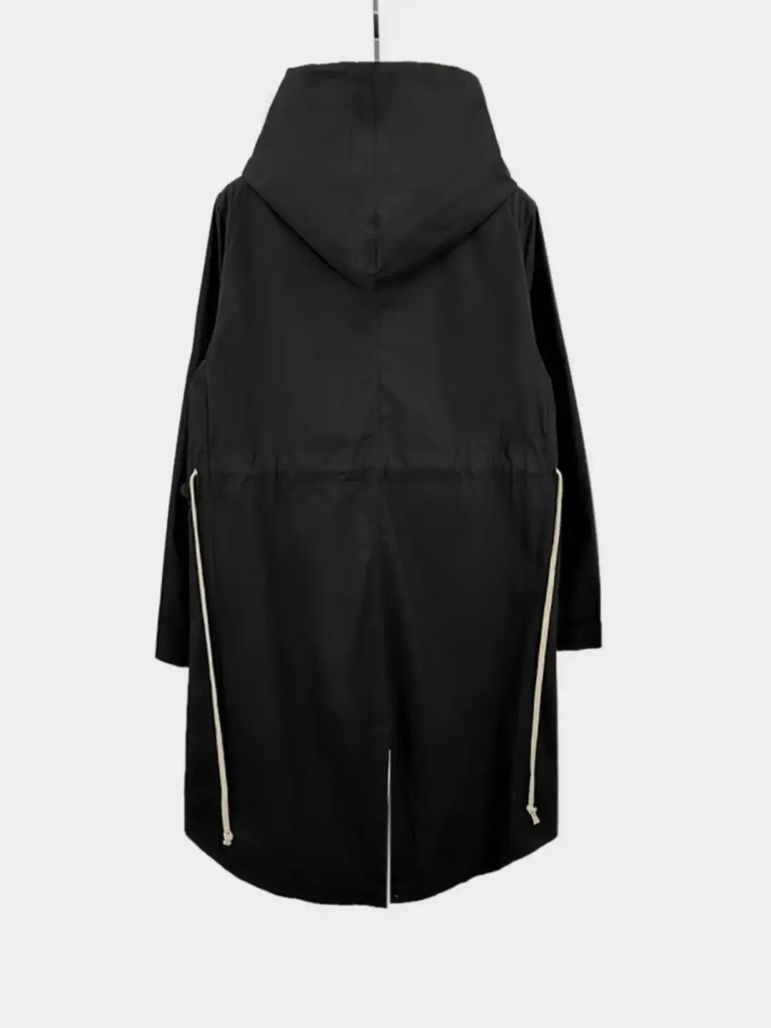 Dark Style New Arrival Black Curve Zipper Large Pocket Drawstring Fishtail Hooded Parka Coat