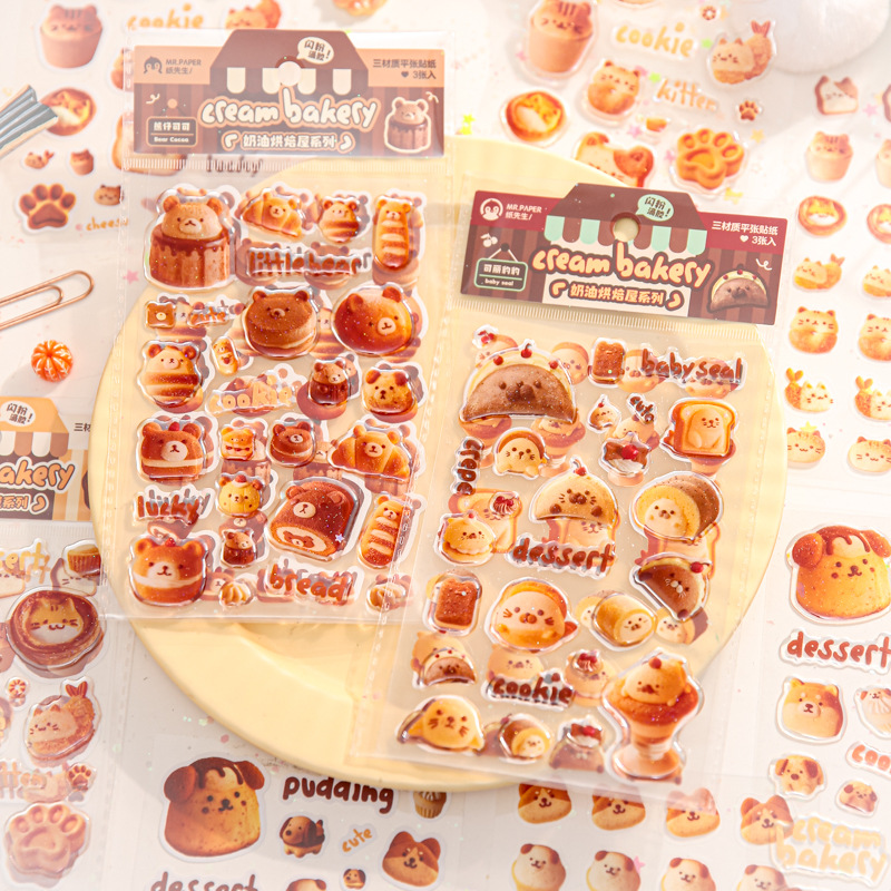 Mr. Paper Multi-Material Stickers with Adhesive Backing Cream Baking House Series Gold Foil Journal Material Decorative Cute Stickers