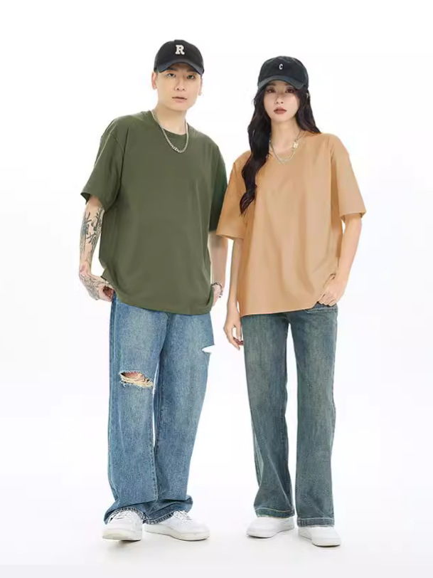 Heavy 220g cotton drop shoulder short sleeve men's and women's same loose plus size casual T-shirt half sleeve wholesale printed LOGO