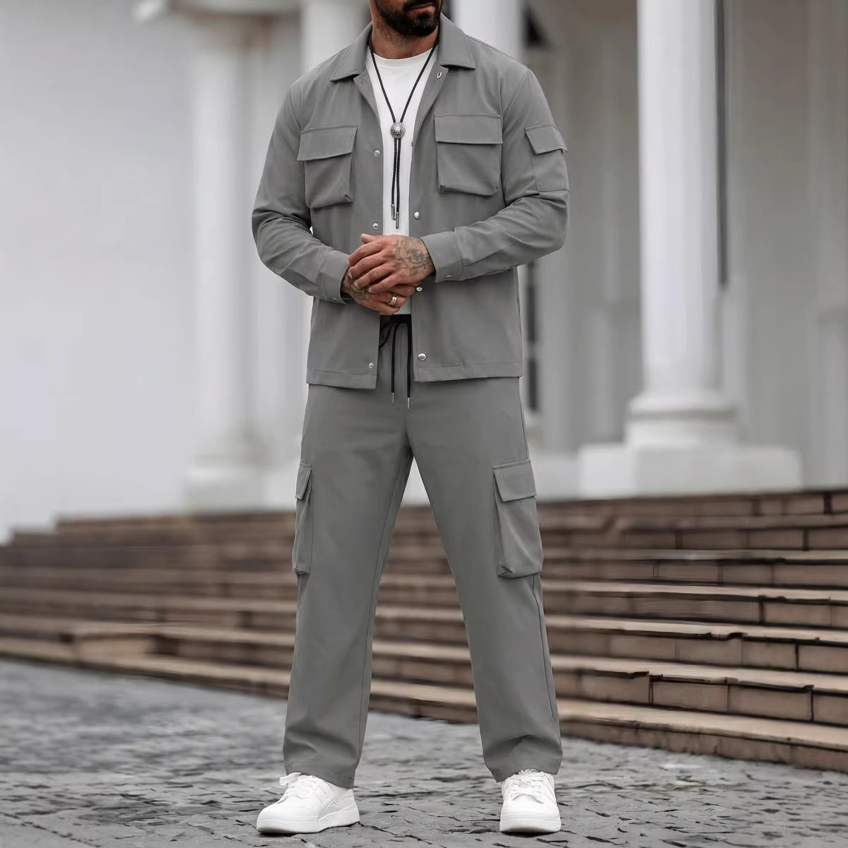 Cross-Border New European and American Style Spring and Autumn Fashion Multi-Pocket Men's Jacket Set Casual Workwear Biker Men's Clothing