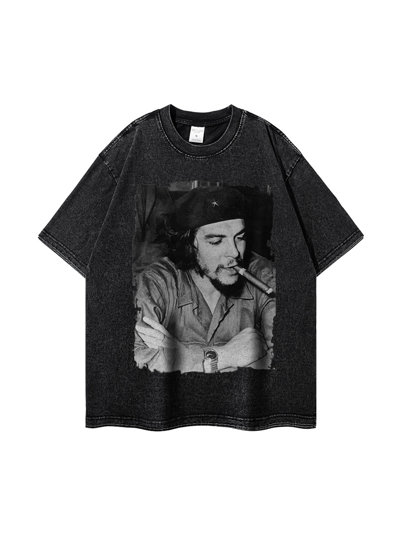 European and American Trendy Brand T-shirt Heavy Retro Character Printing Spring and Summer New High Street Washing Water Short Sleeve T-shirt Half Sleeve Trendy Men