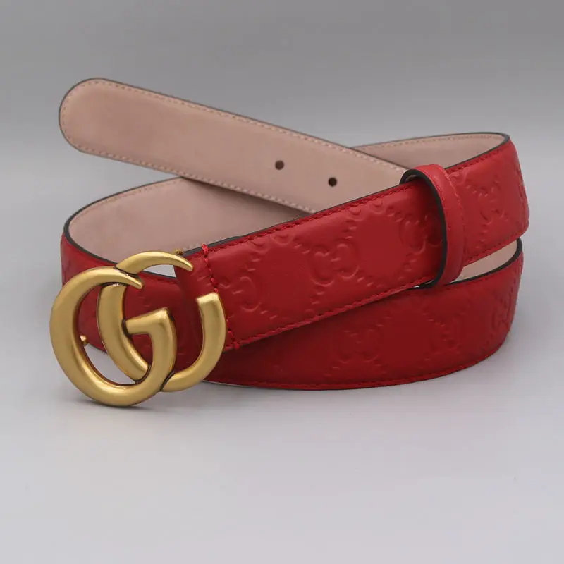 letter Copper Buckle Female Genuine Leather Belt 3.5cm Wide Ladies Embossed Red Black Cowhide Punching Soft Surface Trouser Strap