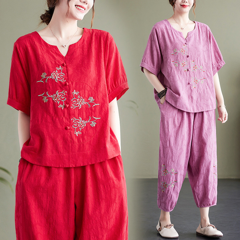 Ethnic-style Embroidered Jacquard Two-piece Short-sleeved V-neck Shirt Casual Cropped Harlan Pants Loose Fashion Suit for Women