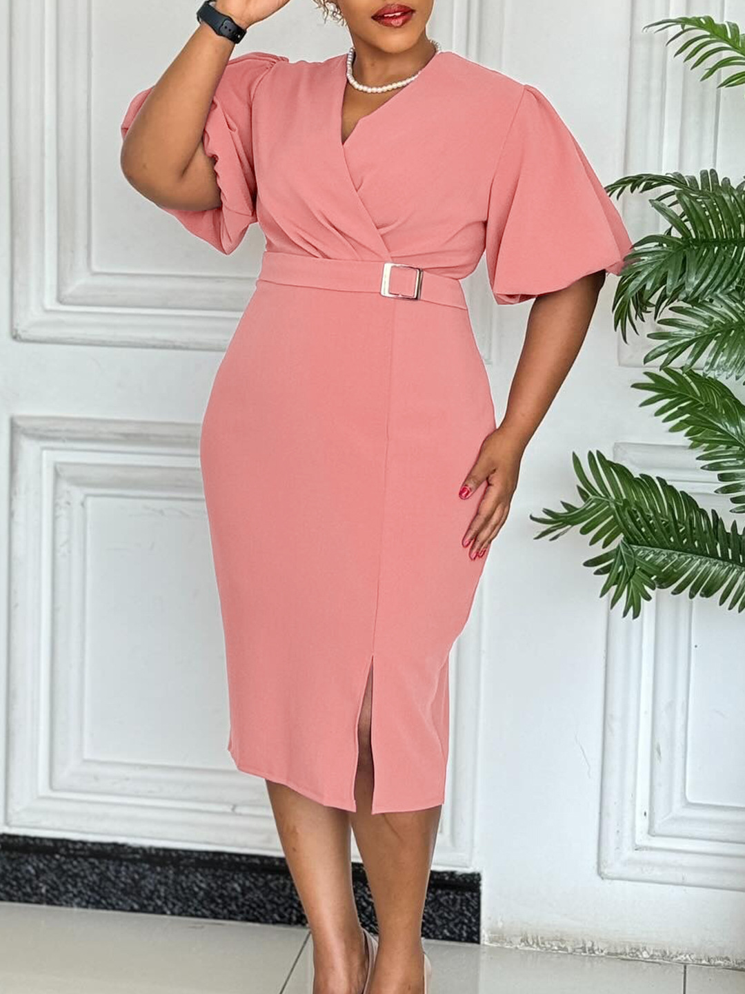 D3331 Foreign Trade Women's 2025 New Fashion V-neck Bubble Sleeve Solid Color Waist Split Hip African dress