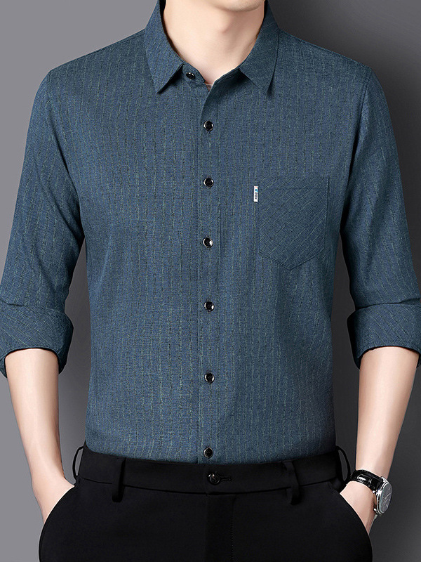 Autumn 2023 Men's Mulberry Silk Long-sleeved Shirt Real Pocket Linen Middle-aged Casual Business Loose Simple Shirt