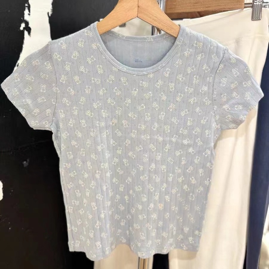 Brandy Bm New American Bear Print Short-Sleeved T-Shirt for Women Bm Pure Lust Style Short Slim Fit Versatile Top for Women