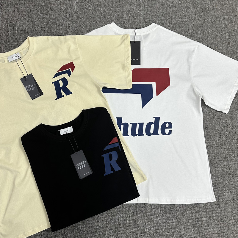23 Cross-border European and American Fashion Brand RHUDE Micro-logo Arrow Letter Printed Short-sleeved T-shirt Men's and Women's American High Street Half-sleeved Shirt