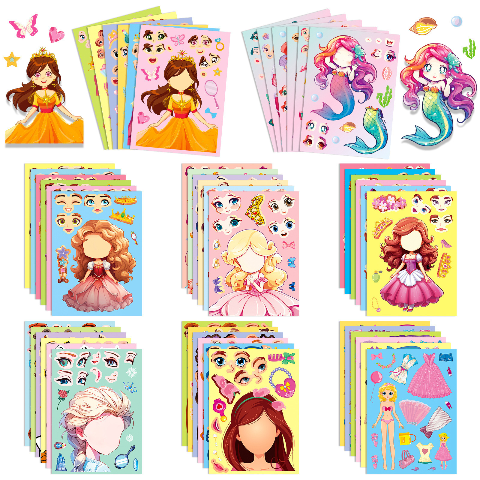 6-48 Sheets/Pack Princess Face Changing Stickers Puzzle Stickers Cartoon Princess Face Changing Make a Face Toy Puzzle Stickers