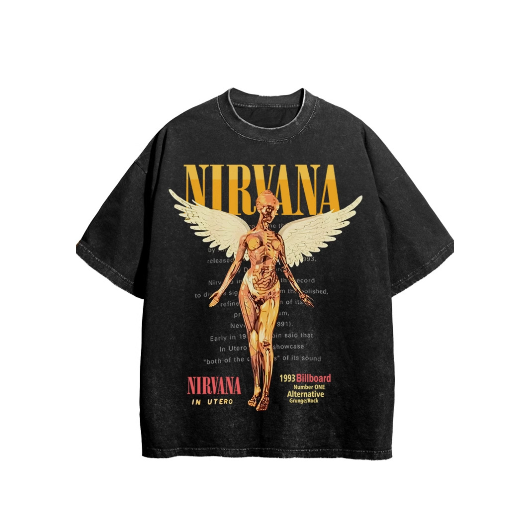 Nirvana Band Cobain Kurt Cobain Washed Vintage American Retro Trendy Brand Men's T-Shirt Boxy Short and Wide