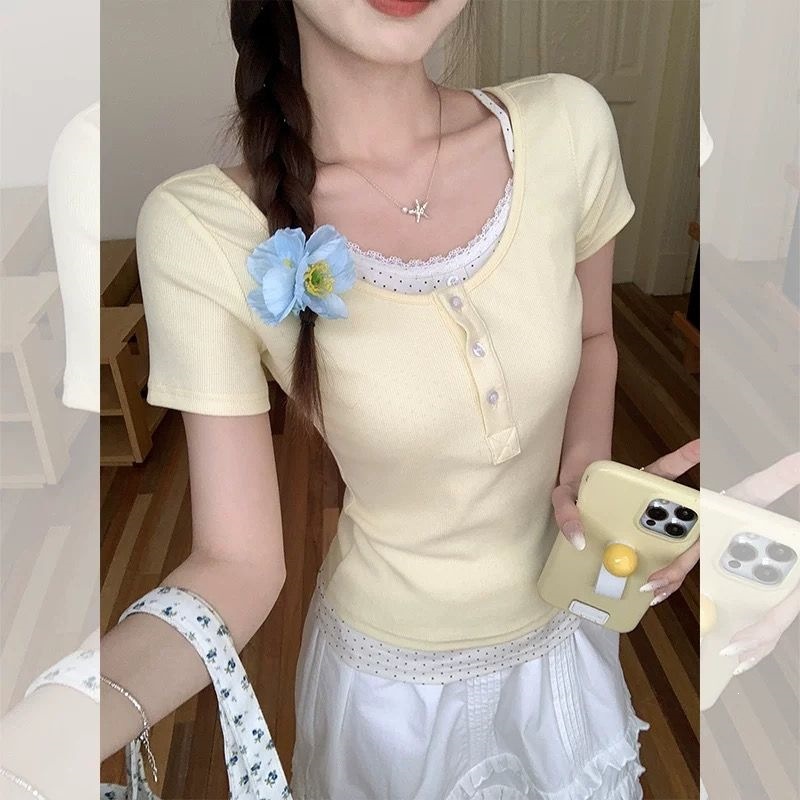 Modal Lace Fake Two-Piece T-Shirt for Women, Henry Collar, Slim Fit, Gentle Style, Short-Sleeved, Summer Women's Clothing Wholesale