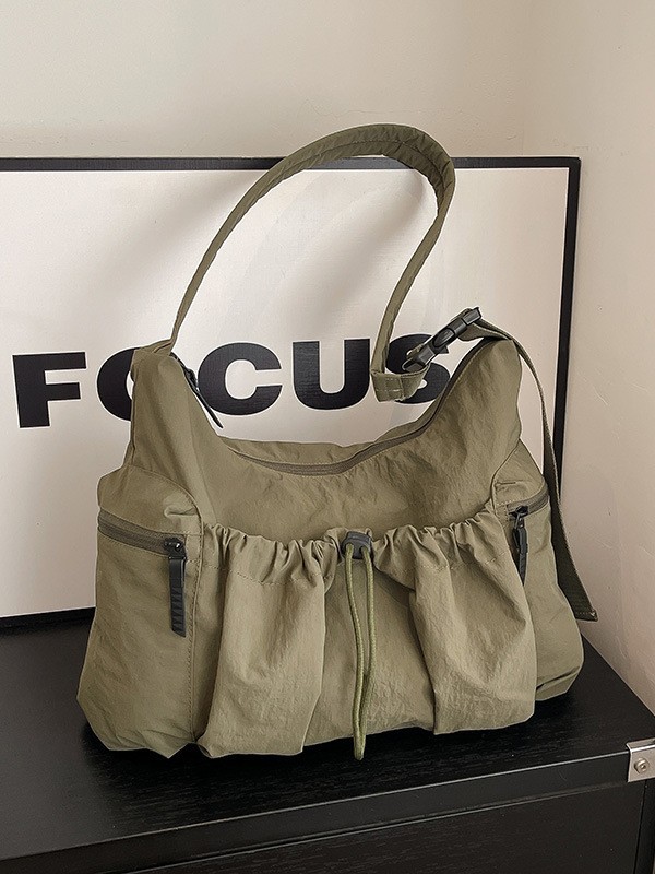 Cross-Border Versatile Pleated Multi-Pocket Drawstring Shoulder Bag 2026 New Model Solid Color Casual Textured Crossbody Bag for Women