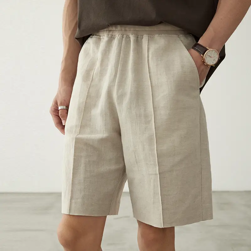 Osens Cotton and Linen Twill Texture Lightweight Men Medium shorts Loose pure color Casual Thin Quarter Pants Summer