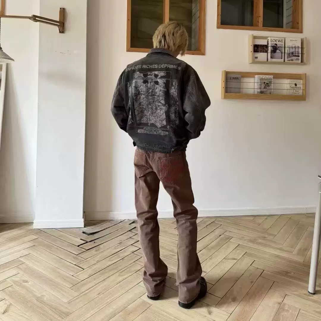 Current/ERD style melancholic rich second-generation black magic letter embroidered canvas ripped washed jeans pants