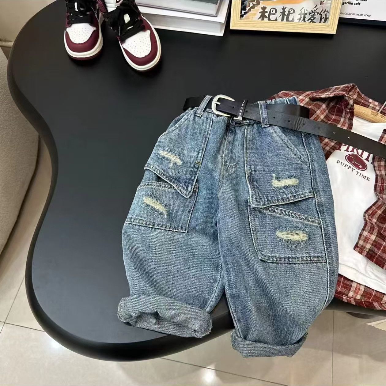 Spring and Autumn Men's and Women's Children's Wear Jeans Baby's Western Style Children's Personality Trendy Brand Korean Style Fashionable Ripped Workwear Harem Pants