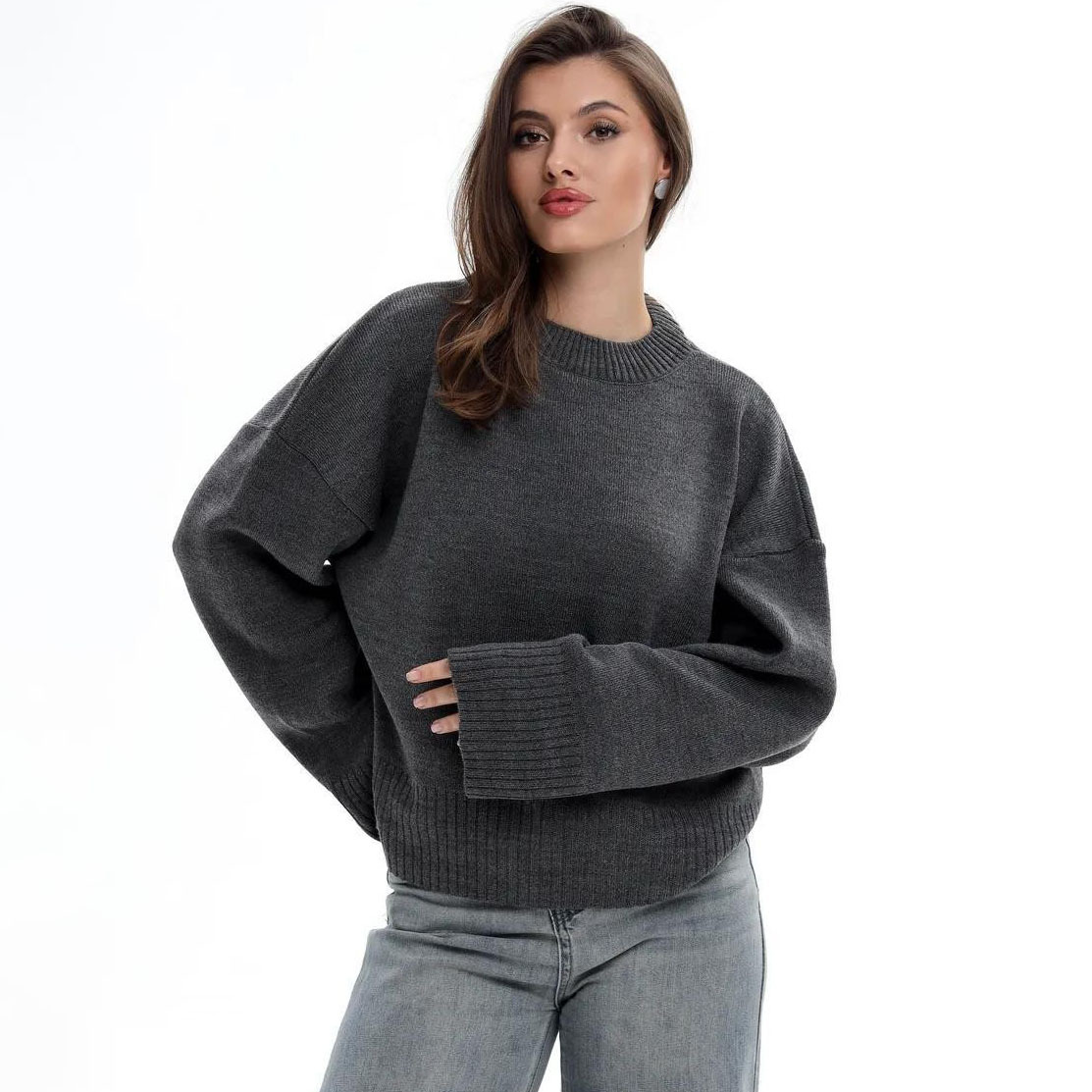 European and American Style Knitted Knitwear Winter New Sweet Round Neck Pullover Loose Pure Color Long-Sleeved Versatile Knitted Knitwear for Women