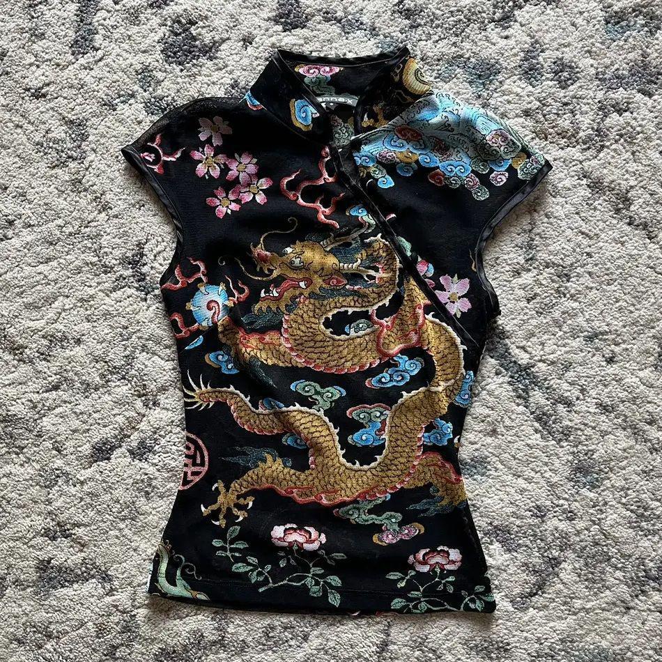 Cross-Border Summer New Design New Chinese Style Printed Retro Stand Collar Buttoned Short-Sleeve Slim-Fit T-Shirt Wholesale