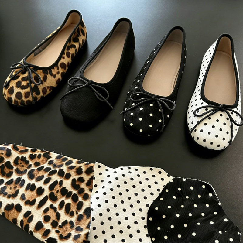 2026 Spring New Style Genuine Leather Horsehair Classic Round-Toe Shallow Mouth Versatile Bow Retro Leopard Print Flat Shoes for Women