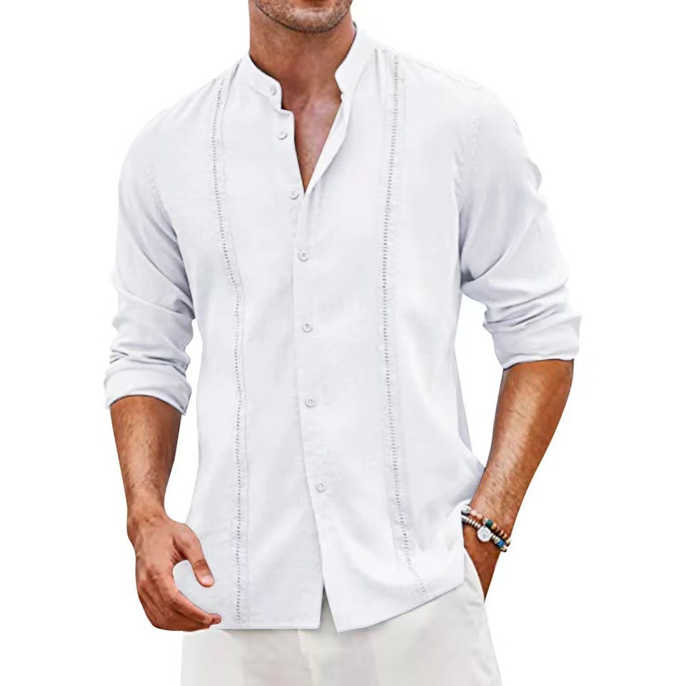 Cotton Linen Shirt Collar 2024 Cross-border European and American Men's Casual Button Summer Beach Vacation Amazon Tide