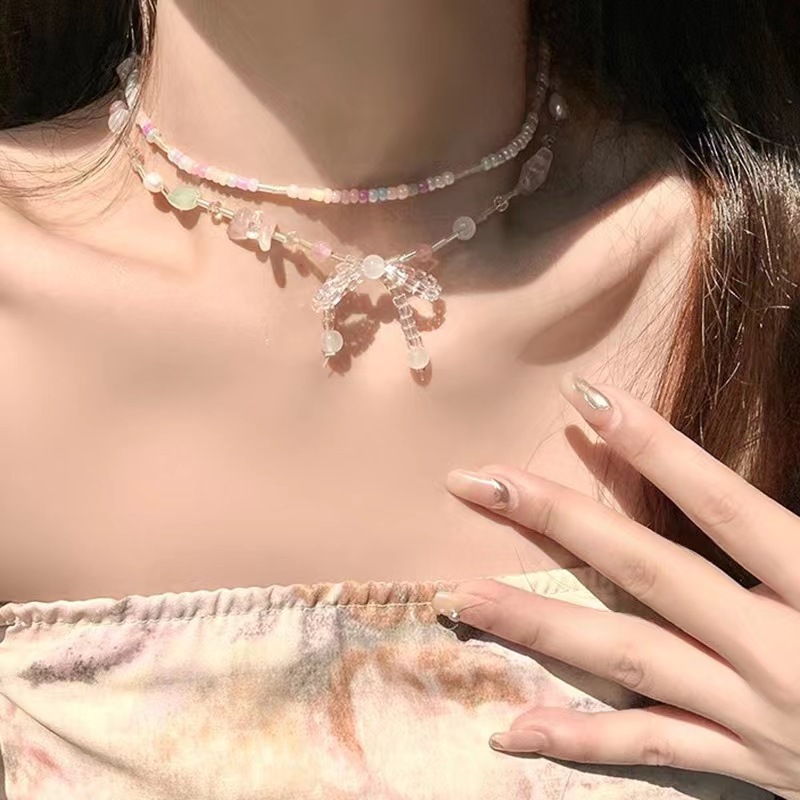 Korean Style ins Fashionable Beaded Star Bowknot Necklace Women's Sweet Girl's Summer New Arrival Collarbone Chain Niche Neck Chain