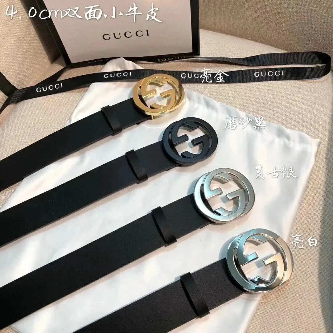 Gucci新款男士真皮腰带双G扣商务休闲皮带平滑扣裤腰带酷奇古奇皮带
