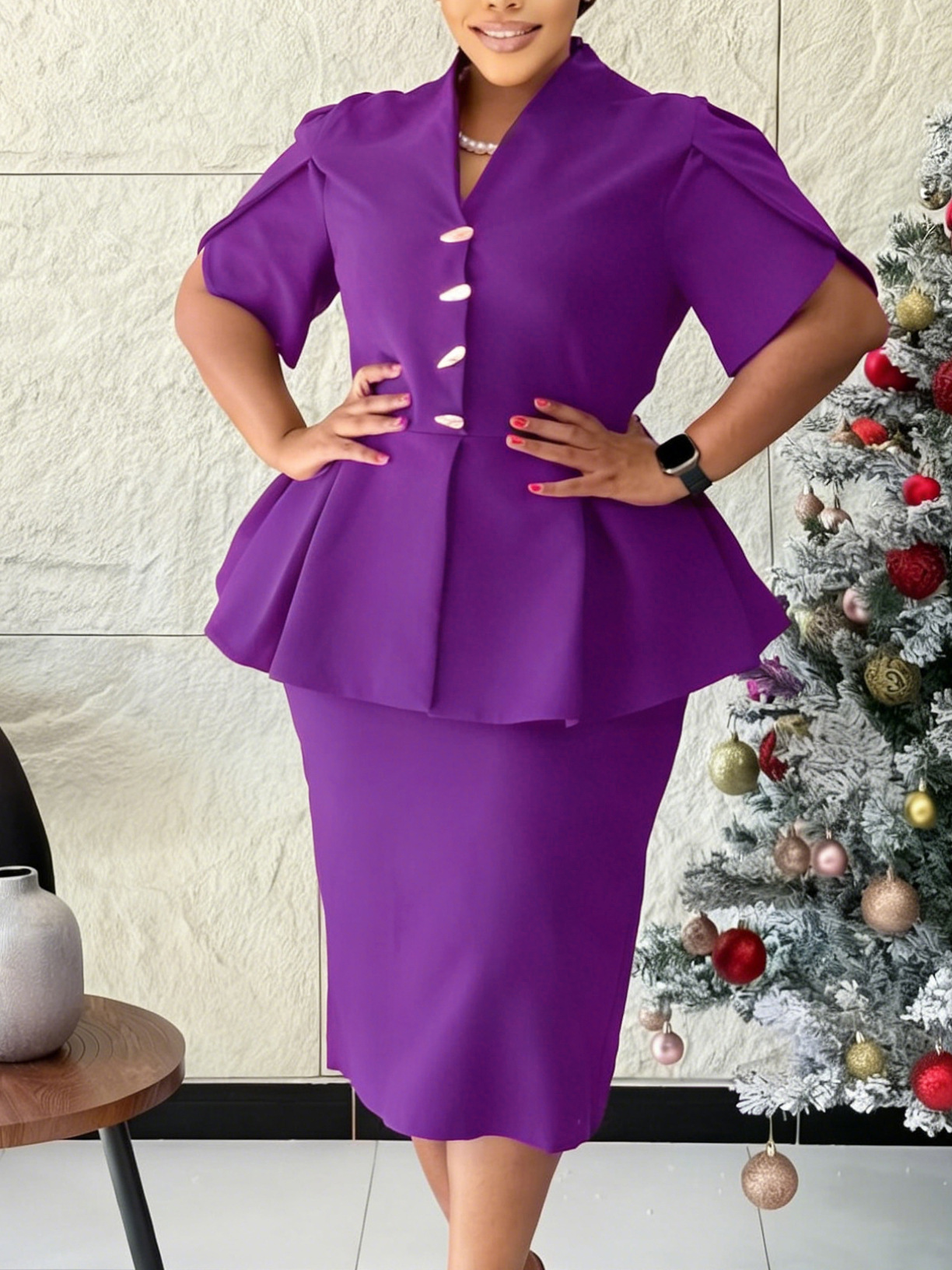 D3358 Cross-Border Women's Fashion Elegant Ruffled V-Neck Slim Fit Hip-Hugging Short-Sleeve Plus-Size African Dress