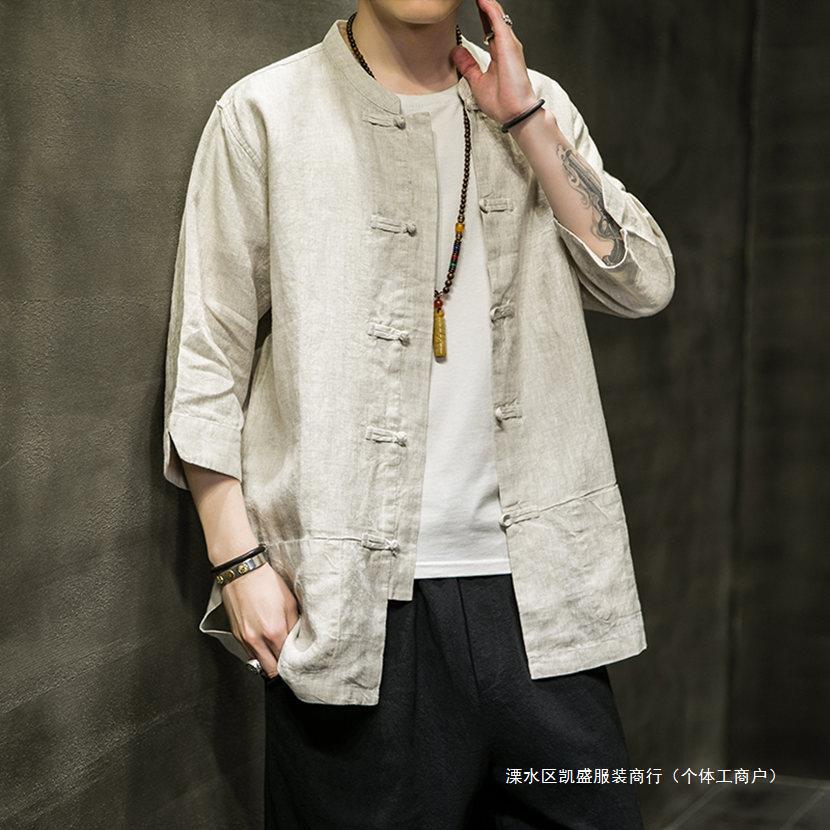 Tang Suit Men's Chinese Style Men's Linen Shirt Jacket Summer Buckle Chinese Short-sleeved Cotton Linen Cropped Top