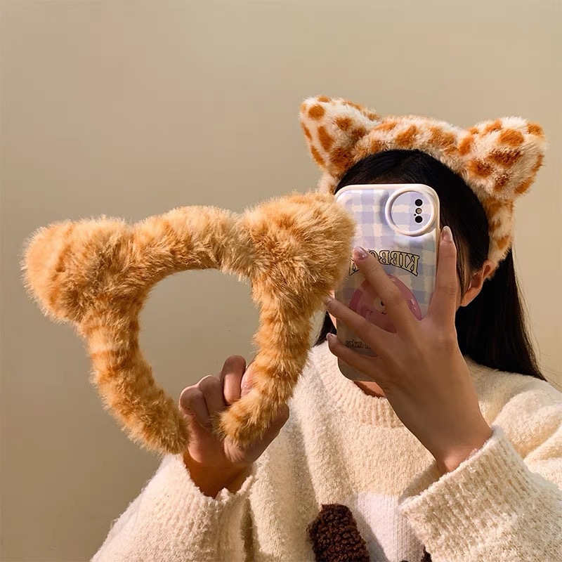2024 Cute Orange Cat Leopard Plush Fur Cat Ear Hair Band Women Wash Face Makeup Mask Headband Cute Cartoon