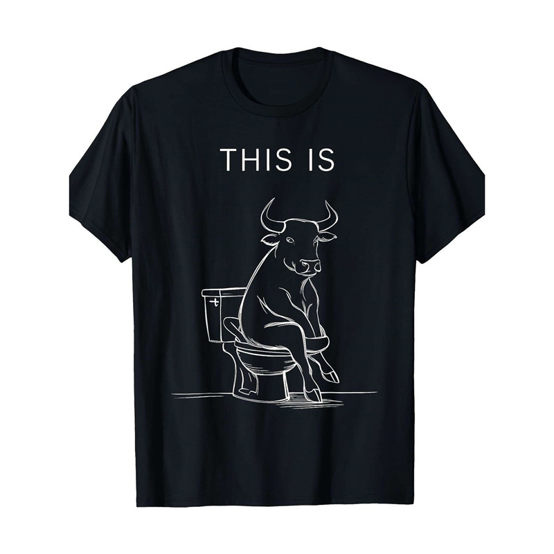 European Size Pure Cotton Men's T-Shirt with a Fun Bull Sitting on the Toilet Line Drawing Design, Simple and Quirky Style for Everyday Street Wear