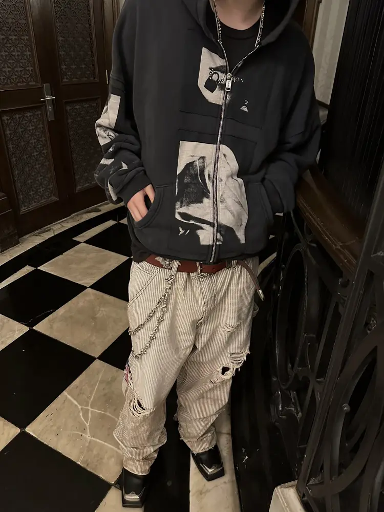 Top product ERD24SS Madonna dancer illustration distressed patchwork patch short wide shoulder zipper hoodie hoodie