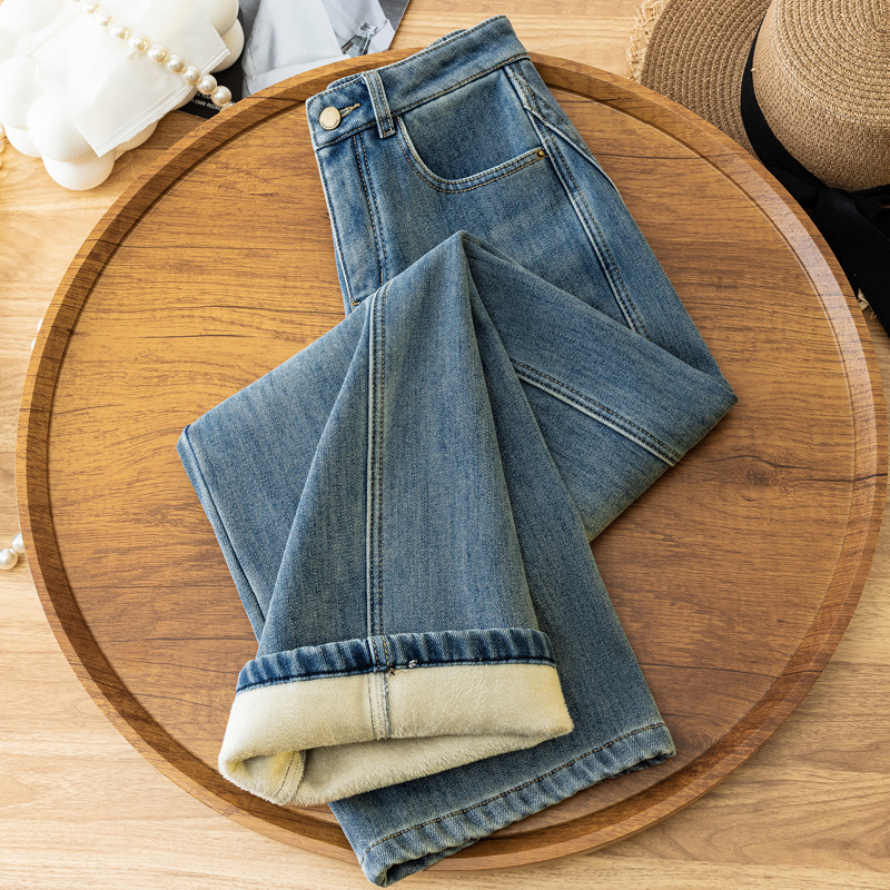 Fleece-Lined Thickened Washed Narrow Wide-Leg Jeans for Women, 2025 Winter New High-Waisted Slimming Casual Straight Pants