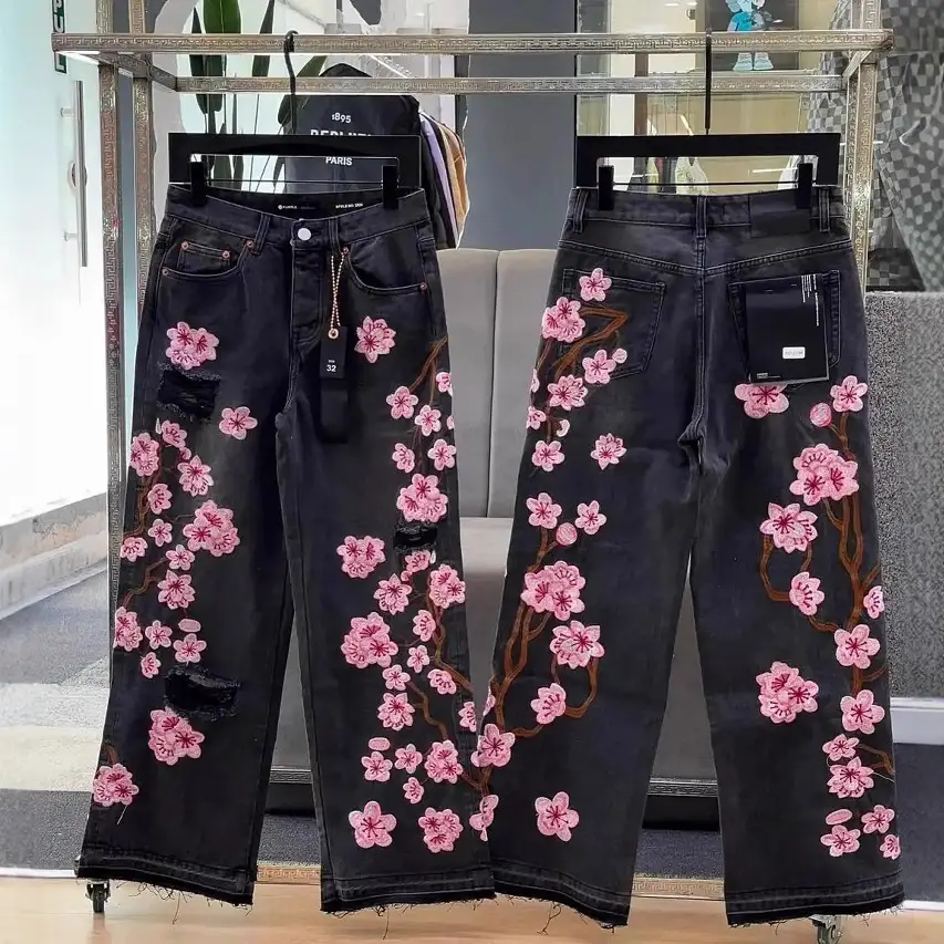 Europe and the United States cross-border street gothic style cherry blossom embroidery jeans y2k men and women with the same retro fashion straight pants