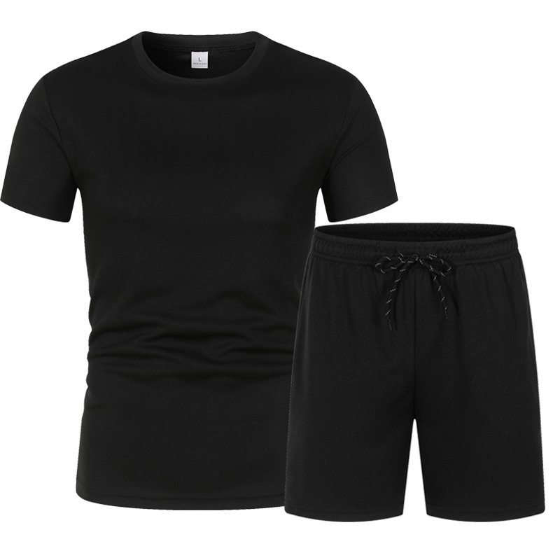 Mesh Short-Sleeved Shorts Set Summer Men's Two-Piece Breathable Basketball Uniform T-Shirt Five-Point Shorts Solid Color Plain P