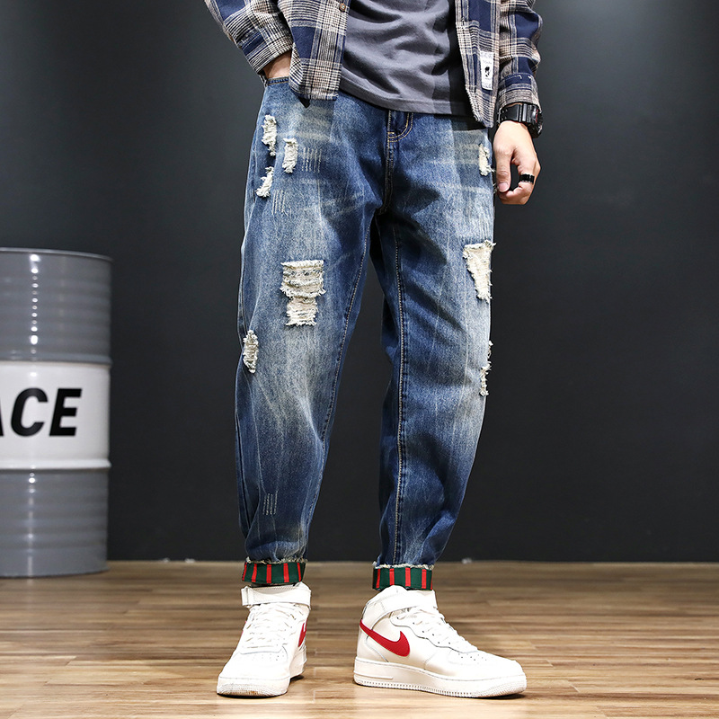 2022 summer New plus size cropped harem pants men's fashion brand European and American ripped ankle-tied loose washed jeans