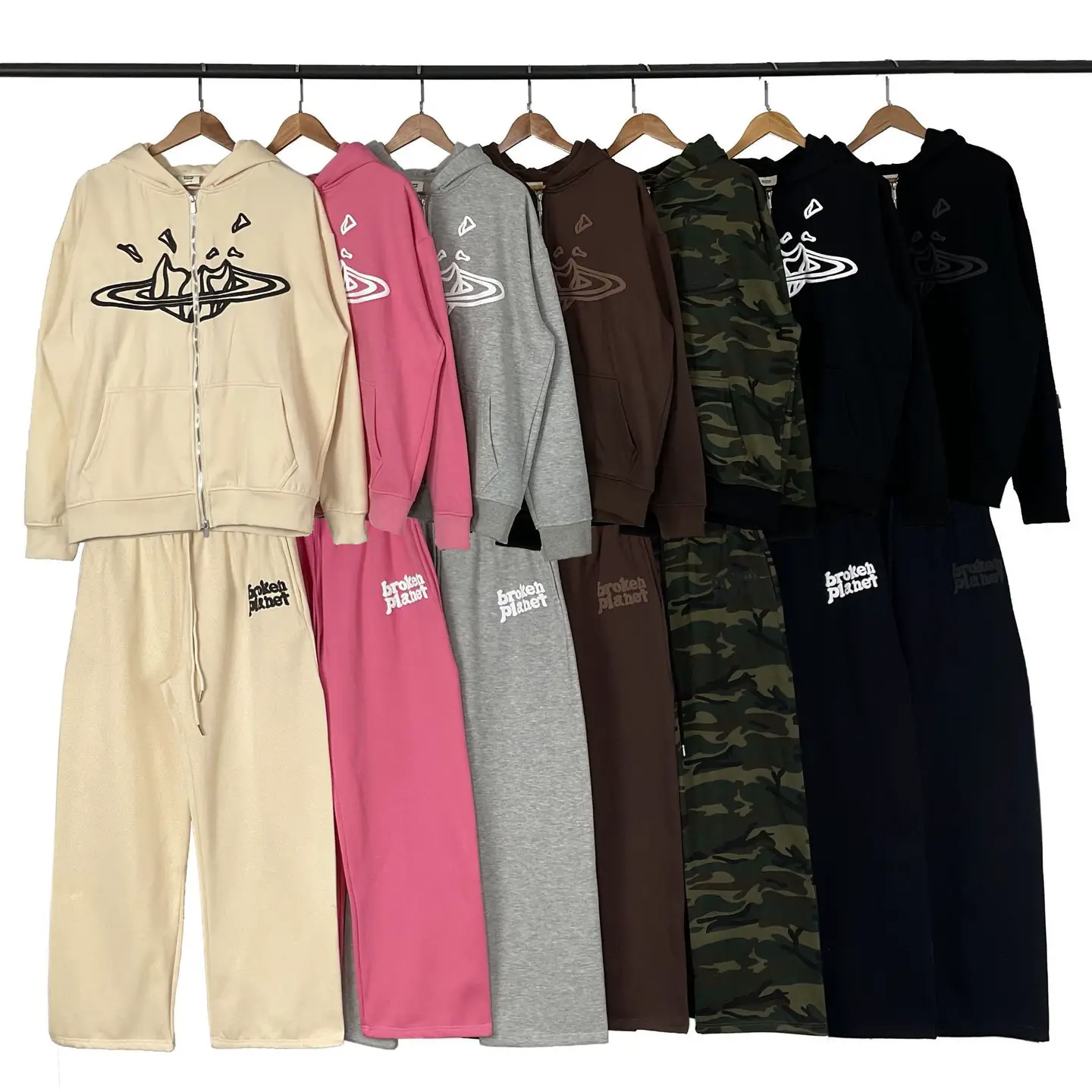 Broken Planet Trendy Brand Letter Foam Printed Hoodie Loose Casual Pants Zipper Sweatshirt Suit