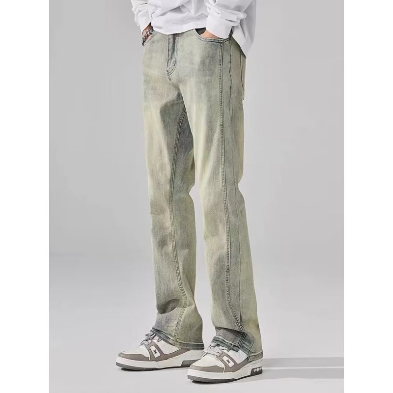 Yellow mud dyed jeans men's autumn and winter washed old American retro fashion brand high street micro-pants