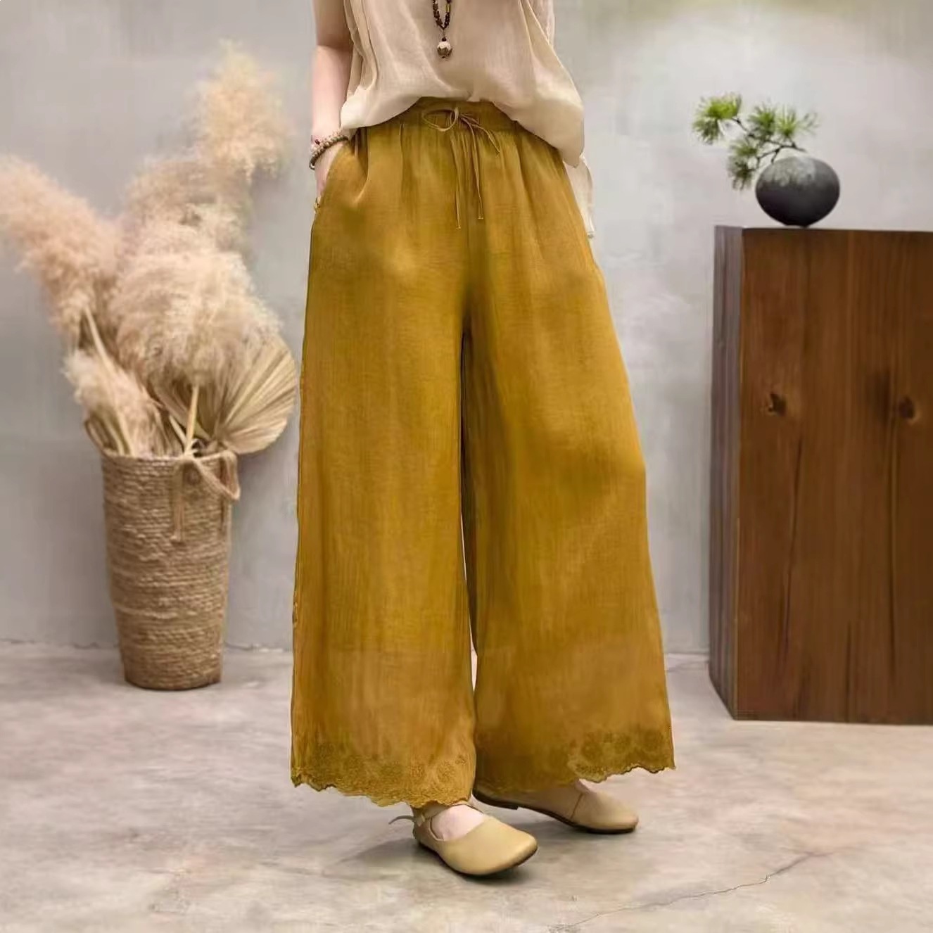 2026 Summer New Style Casual Elegant Solid Color Versatile Straight Pants Loose Double-Layer Ramie Embroidered Wide-Leg Pants for Women