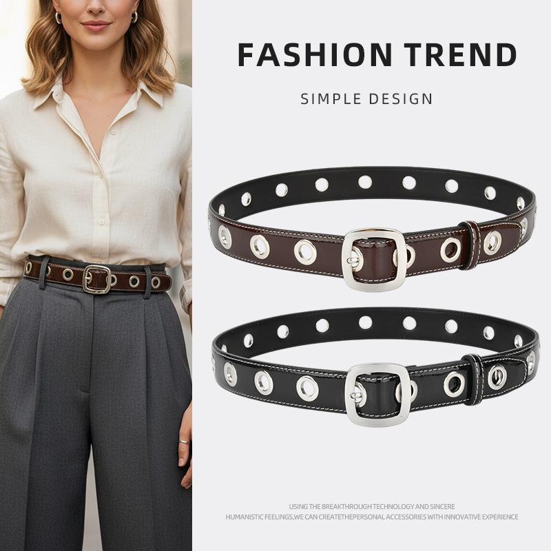 Retro-Style Metal Round-Hole Decorative Leather Belt with a High-End Feel, Silver Buckle, Versatile for Jeans, Dresses, and Pants