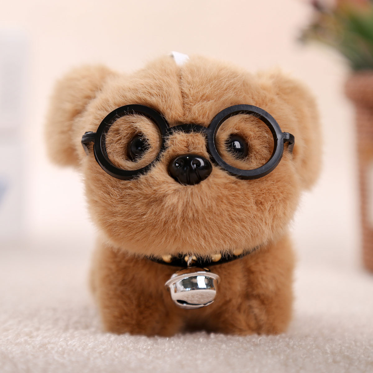 Plush glasses bell puppy doll creative car keychain student bag pendant couple small gifts wholesale