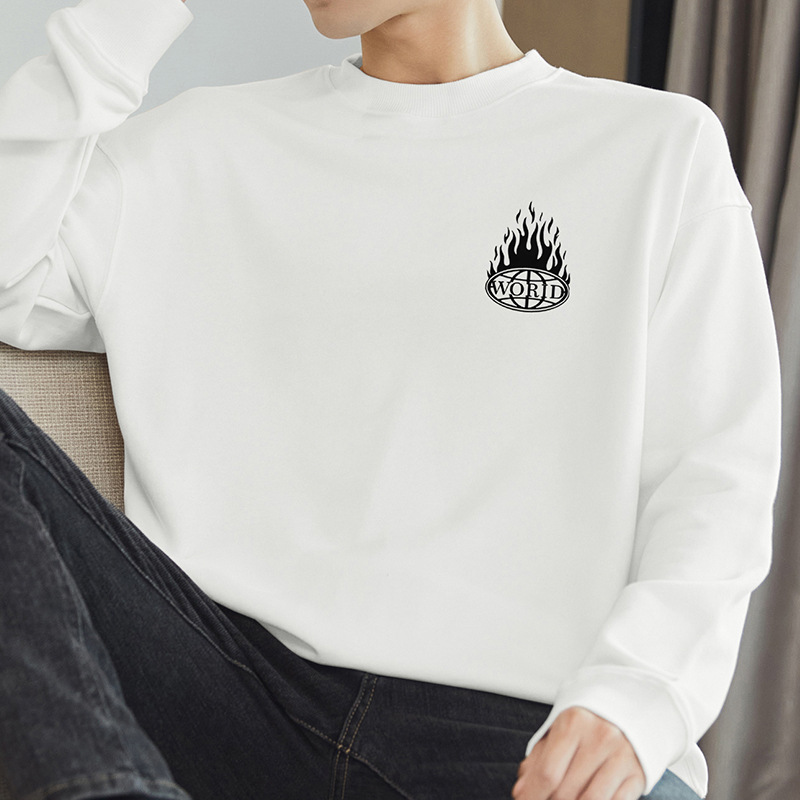 320g Heavyweight Men's Sweatshirt 2026 New Style Fleece-Lined Warm Top Without Hood White Long-Sleeve T-Shirt American Style Trendy