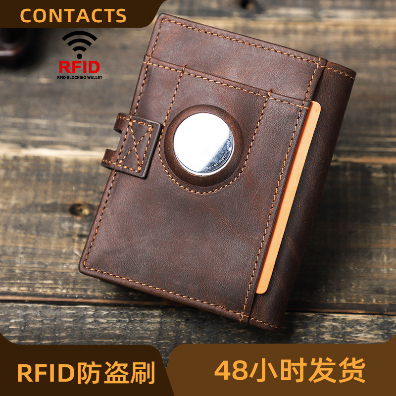 Black Angel can put airtag tracker RFID anti-theft brush men's wallet buckle automatic card box cowhide men's bag
