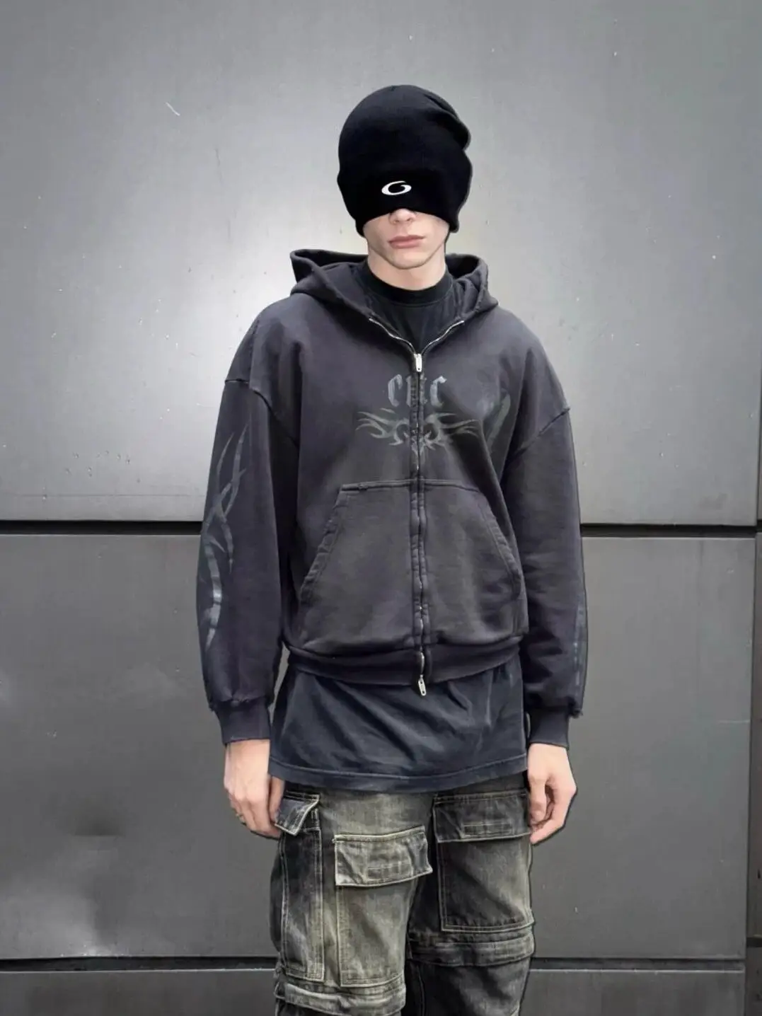 25Ss New Totem Love Letter Print Damaged Washed Old Zipper Cardigan Hooded Sweatshirt Men's and Women's Loose Jacket