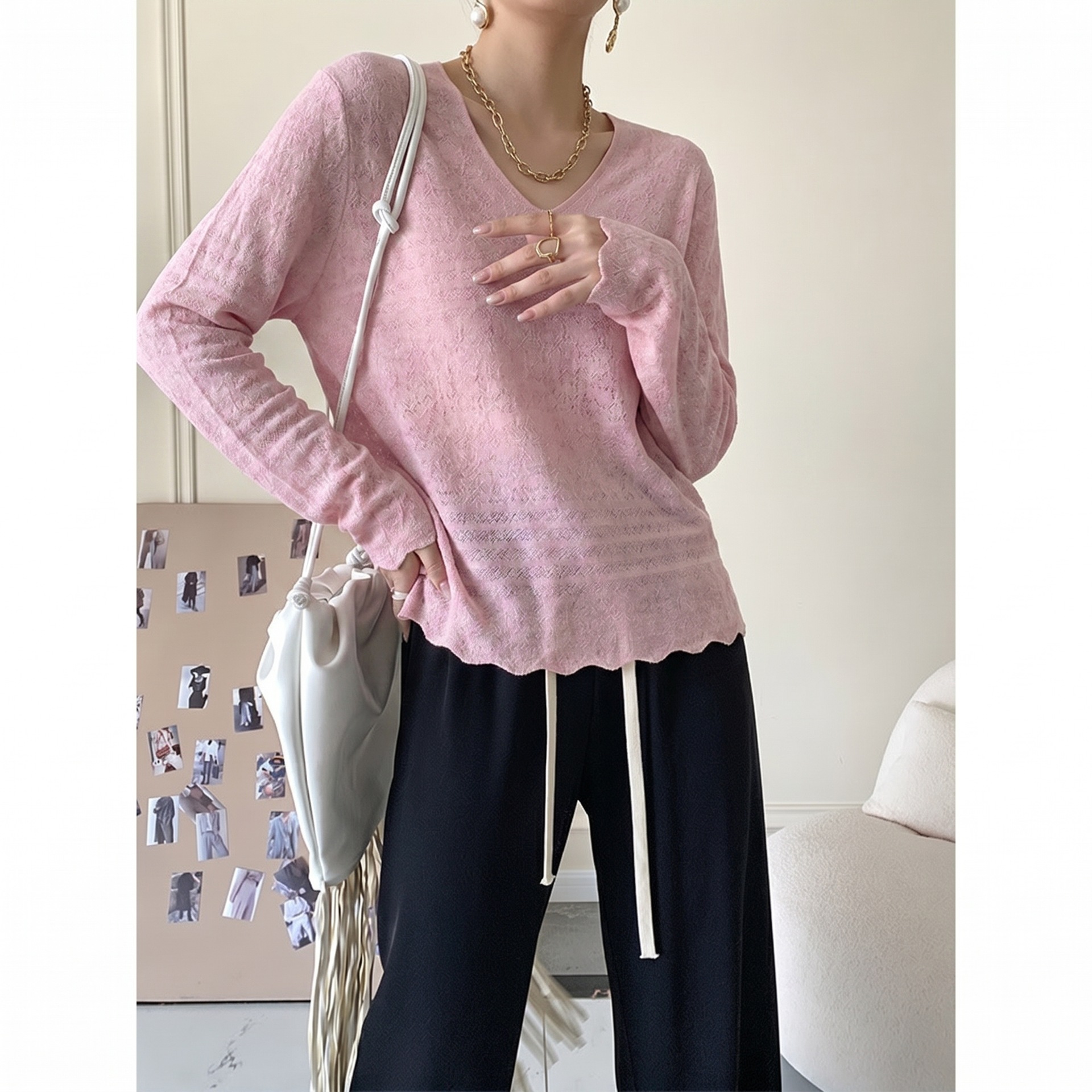 Spring New Style V-Neck Mulberry Silk Wool Tencel Jacquard Knit Sweater for Women, Gentle Style, Solid Color, Slimming, Versatile, Long Sleeves