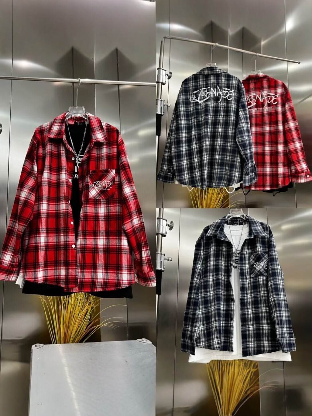 Autumn American Retro Hip-Hop Style Red Embroidered Plaid Shirt Hip-Hop High Street Long-Sleeved Top Shirt Jacket