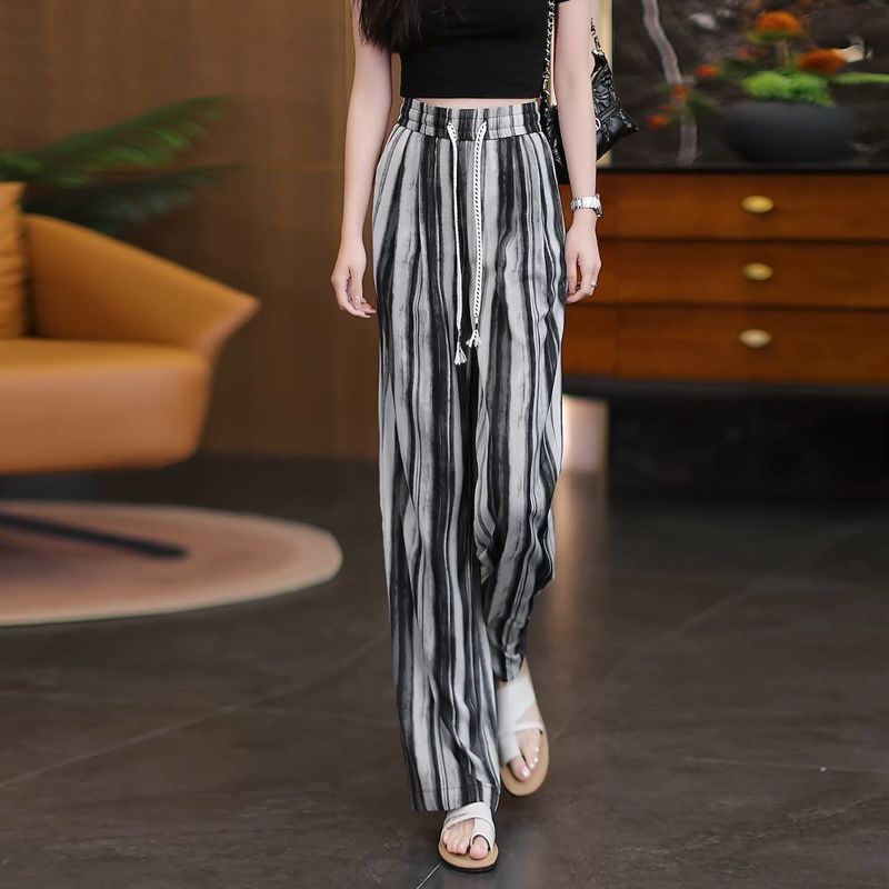 Ice Silk Wide-Leg Pants for Women, Summer Thin Style, New Chinese Style, Ink Painting Design, Cool and Loose-Fitting Casual Pants